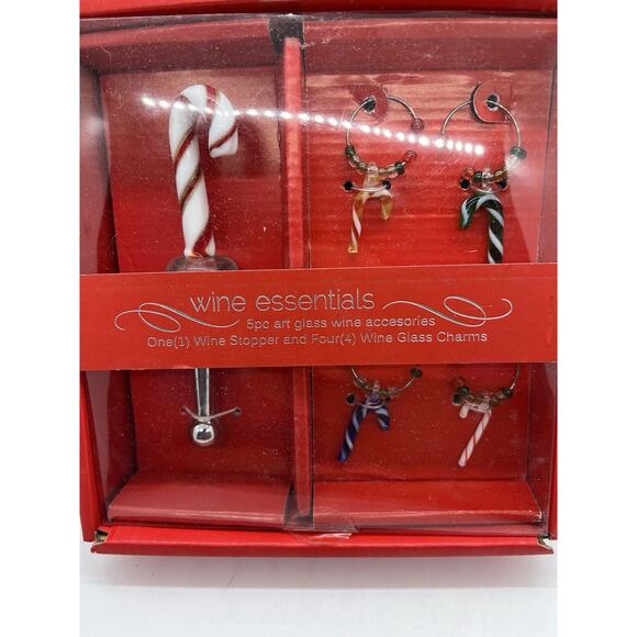 Mikasa Celebrations Peppermint Twist 5pc Glass Wine Set Stopper & Charms - Picture 2 of 6